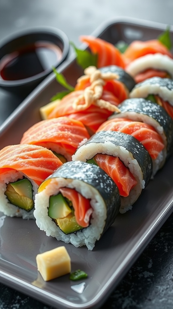 Plate of salmon sushi rolls with soy sauce, wasabi, and pickled ginger.